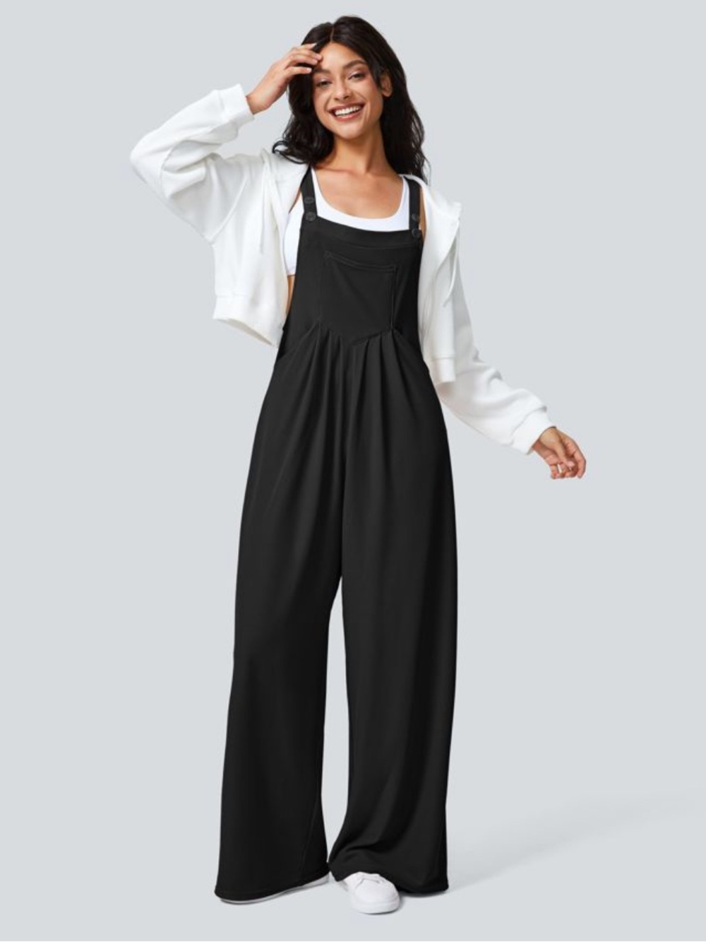 Halara Waffle Overalls Womens Large Black Wide Leg Jumpsuit Pockets Adjustable